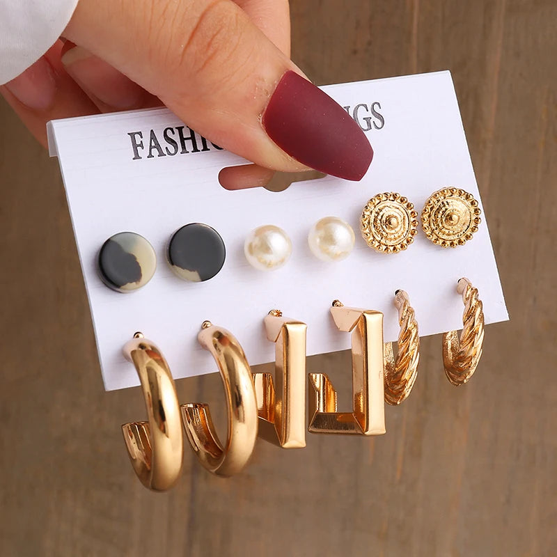 Gold Pearl Geometric Dangle Earrings