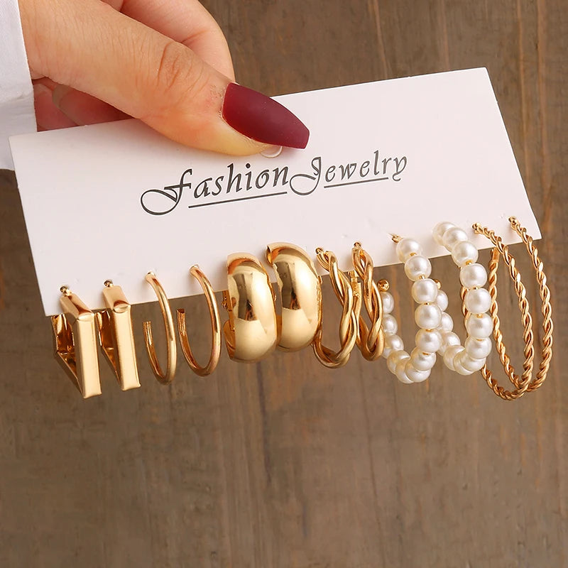 Gold Pearl Geometric Dangle Earrings