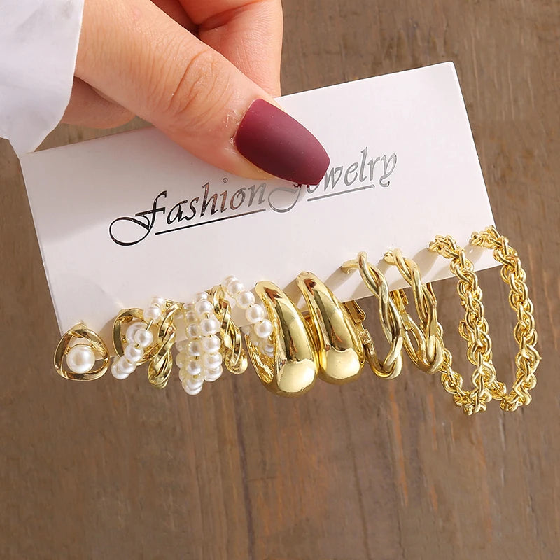 Gold Pearl Geometric Dangle Earrings