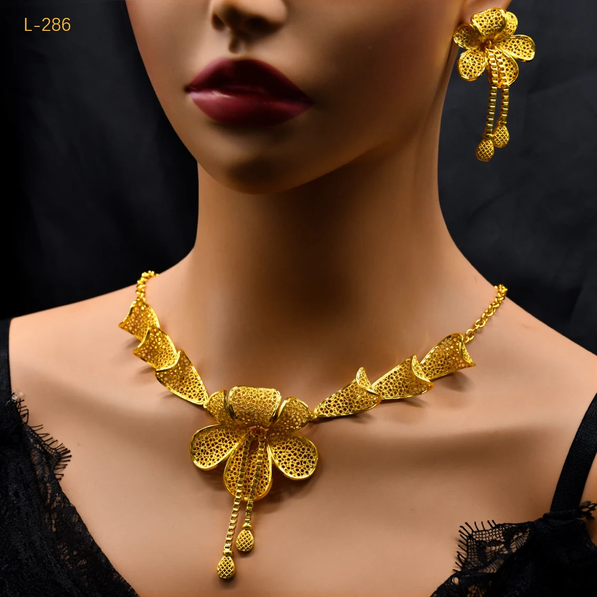 African Flower Necklace Earrings Jewelry Set For Women 24K Gold Plated Dubai Indian Nigeria Bridal Wedding Party Gift Jewellery