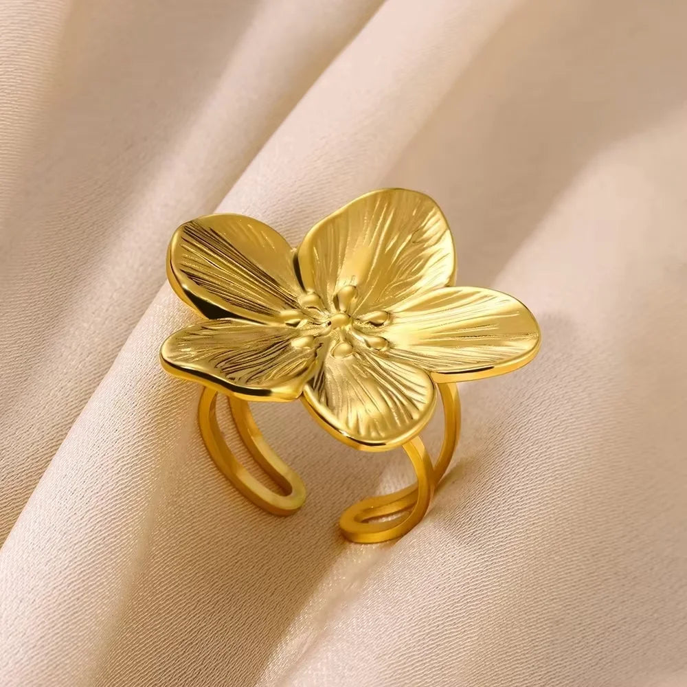 Stainless Steel Flower Open Rings For Women Trend Wedding Heart Jewelry Gold Color Geometric Hollow Ring Daily Accessories Gift