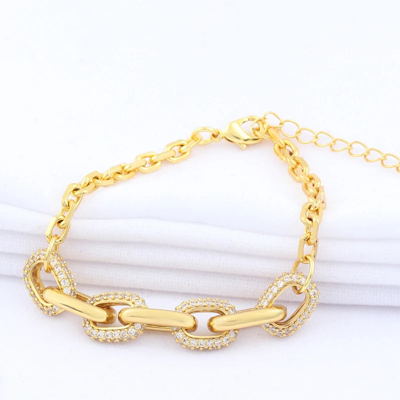 Femme Micro Pave Rhinestones Copper Gold Plated Chunky Chain Bracelet Fashion Jewelry For Women Punk Birthday Party Gift