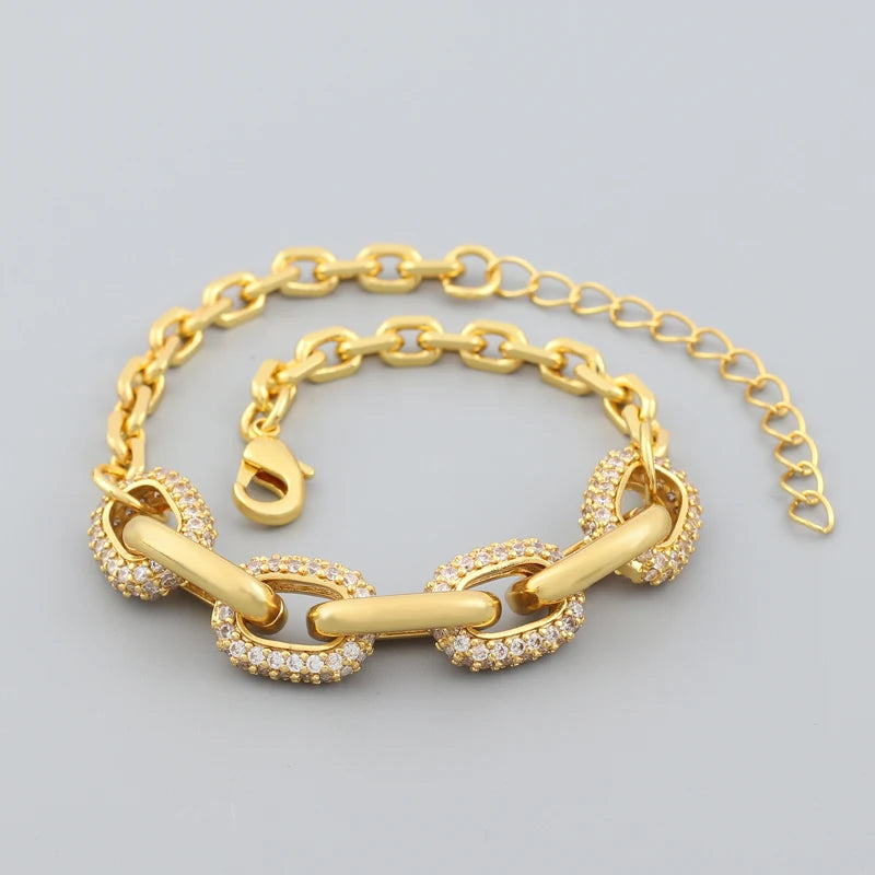 Femme Micro Pave Rhinestones Copper Gold Plated Chunky Chain Bracelet Fashion Jewelry For Women Punk Birthday Party Gift