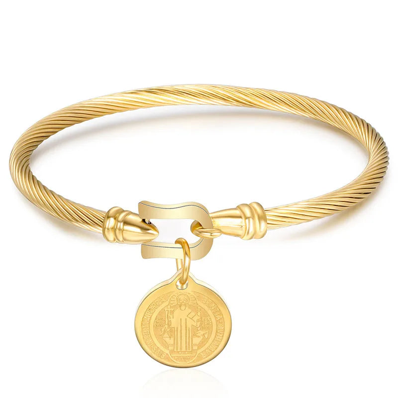 Saint Benedict Medal Cuff Charm Bangles Bracelets Gold/Silver Color Stainless Steel Wire Pulseira Bangle Jewelry for Women