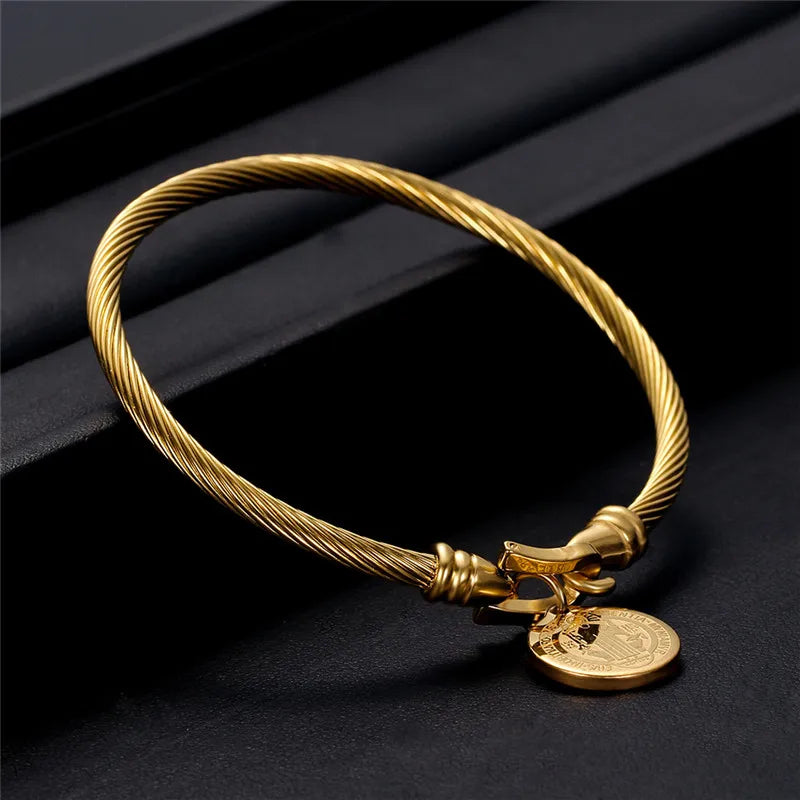 Saint Benedict Medal Cuff Charm Bangles Bracelets Gold/Silver Color Stainless Steel Wire Pulseira Bangle Jewelry for Women