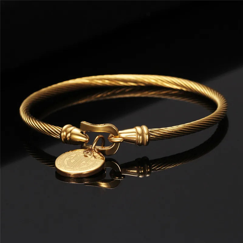 Saint Benedict Medal Cuff Charm Bangles Bracelets Gold/Silver Color Stainless Steel Wire Pulseira Bangle Jewelry for Women