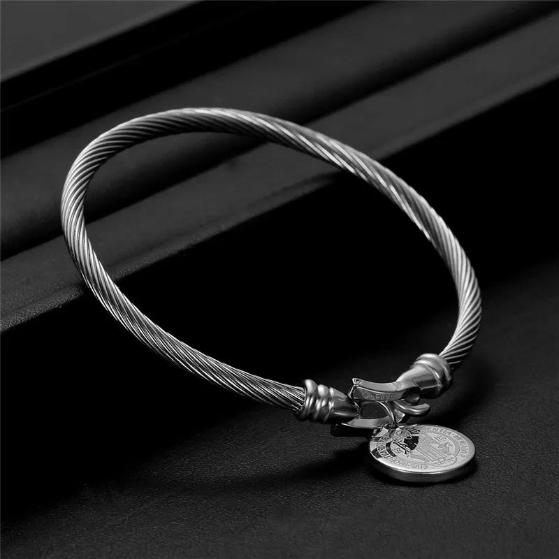 Saint Benedict Medal Cuff Charm Bangles Bracelets Gold/Silver Color Stainless Steel Wire Pulseira Bangle Jewelry for Women
