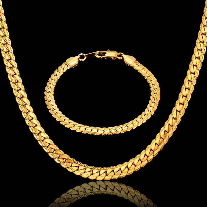 Gold Silver Color Stainless Steel 6mm Snake Chain Bracelets Neckalce For Women Men Fashion Party Wedding Jewelry Sets Gifts