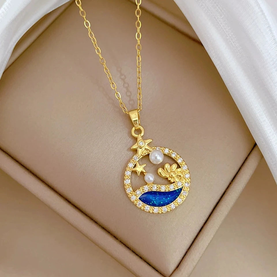 Light Luxury Titanium Steel Star Series Planet, Moon & Astronaut Pendant Necklace