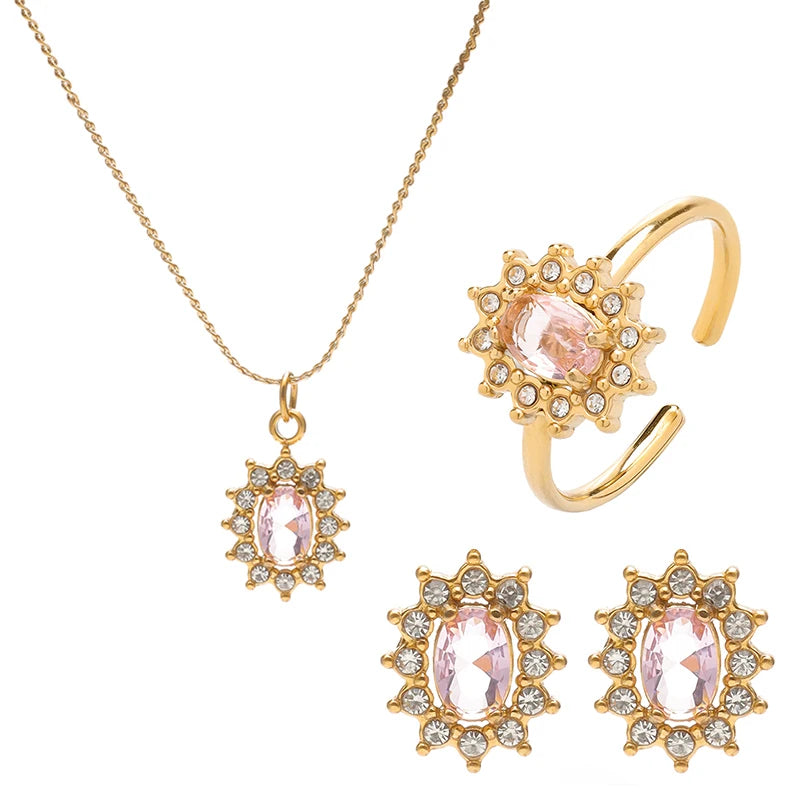 PAXA 3PCS Multicolor Round Cubic Zirconia Stainless Steel Jewelry Sets for Women Earrings Necklace Rings Fashion Elegant Jewelry