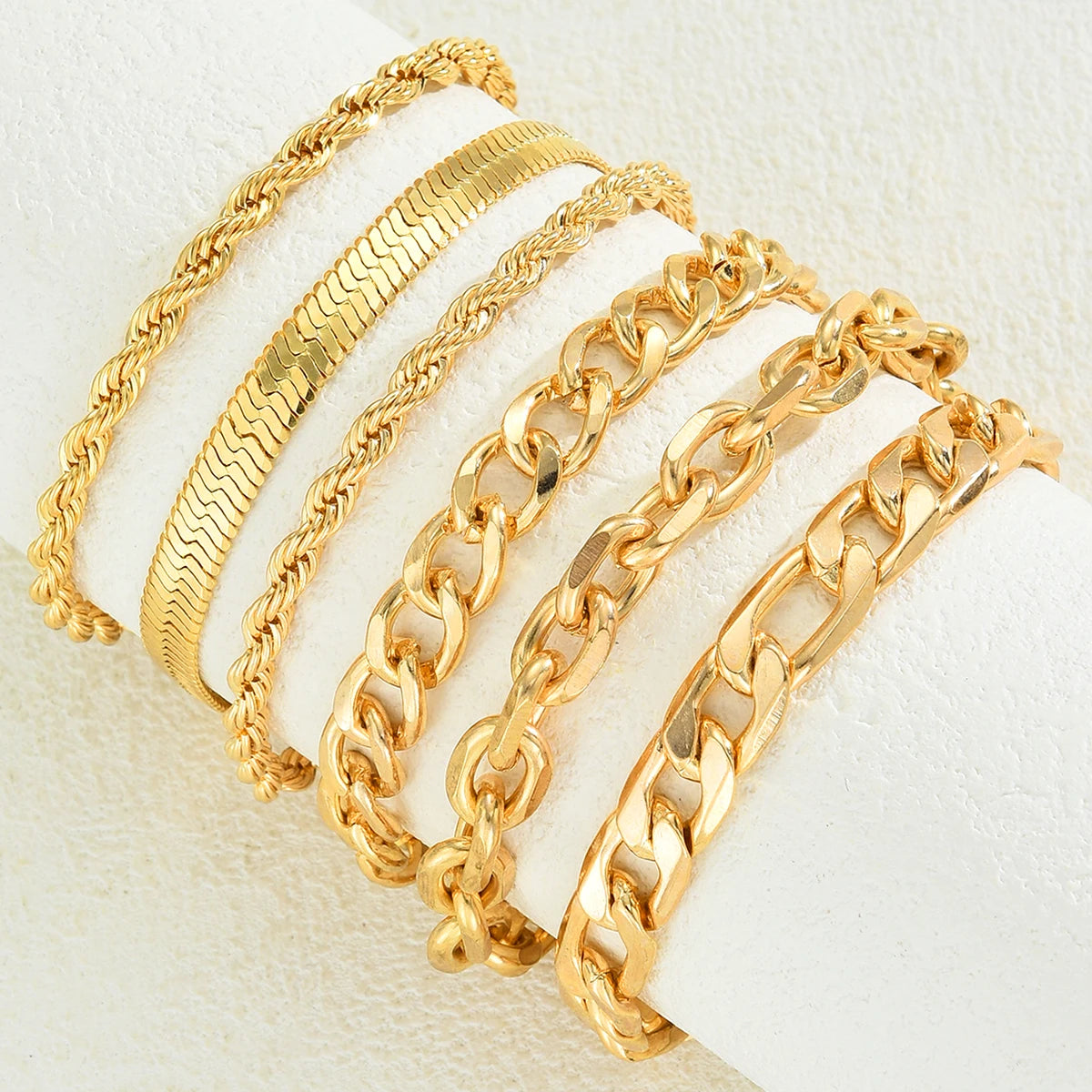 6Pcs Simple Punk Gold Chunky Multi-Layer Link Chain Bracelet Set