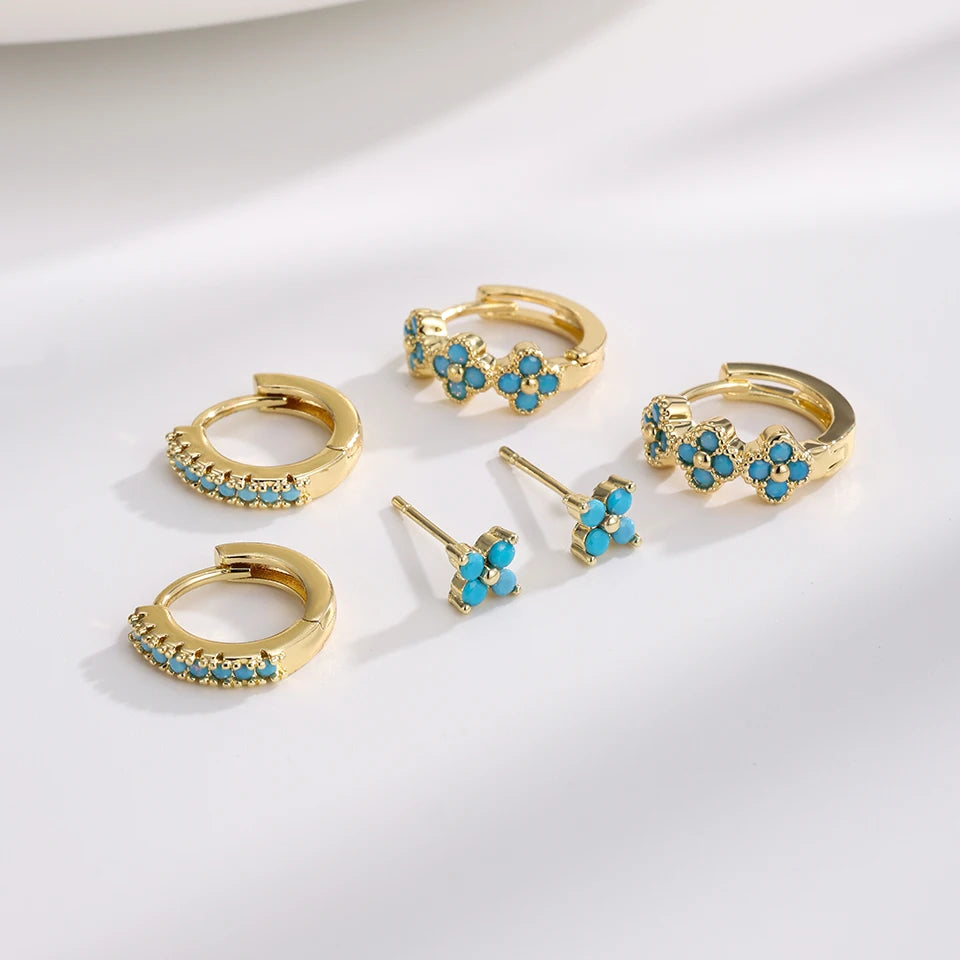 6-Piece Fashion Blue Turquoise & Shiny Zircon Hoop Earring Set