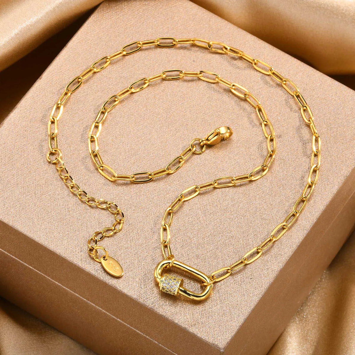 Carabiner Necklace 18K Gold Plated Stainless Steel Paperclip Link Chain Pave CZ Lock Pendant Tarnish Free Jewelry