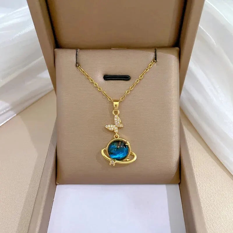 Light Luxury Titanium Steel Star Series Planet, Moon & Astronaut Pendant Necklace