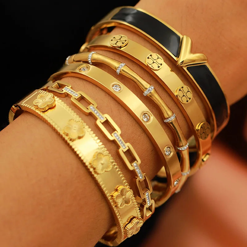 316L Stainless Steel Golden Flower Geometric Bamboo Bangle