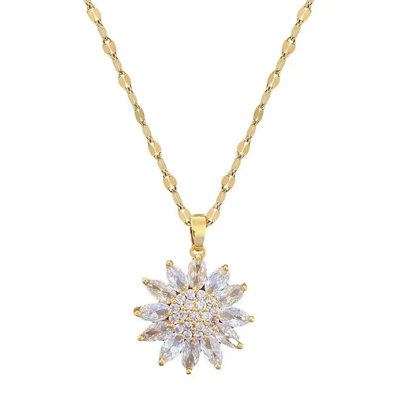 Trendy Rotating Spinner Sunflower Stainless Steel & Zircon Pendant Necklace
