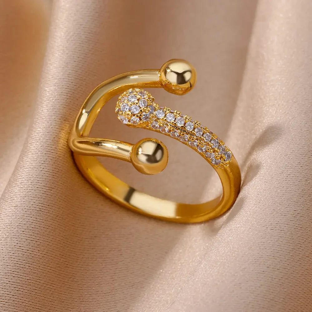Gold-Plated Stainless Steel Crystal & Geometric Chain Ring