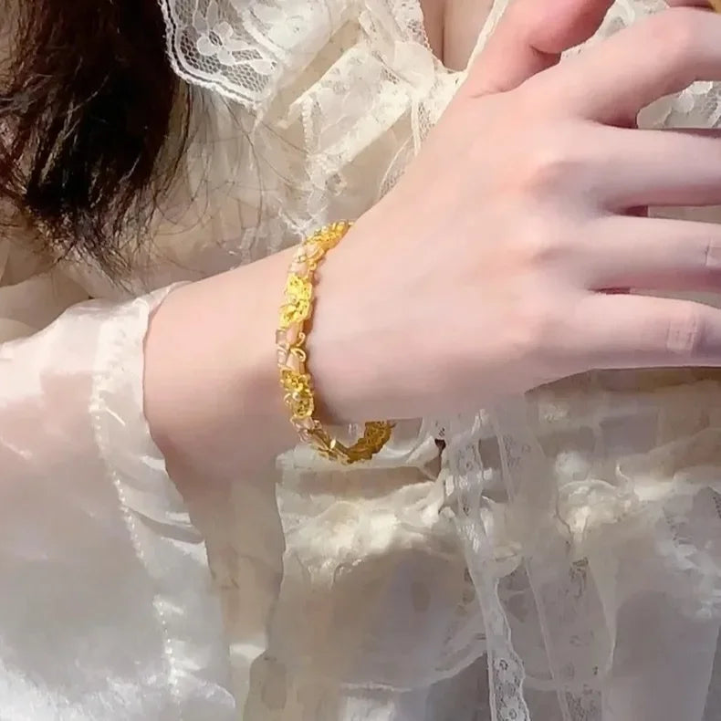 Light Luxury 24K real gold Ancient Flowers Butterfly Maiden Necklace Ring bracelet 999 Gold Princess set with jade Chopin chain