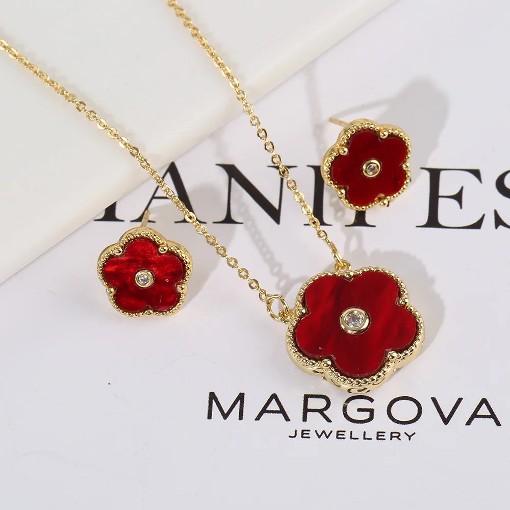 Double Sided Zircon New Design Plant Pentaphyllum 2pc Set Cute Shell Jewelry For Women's High-Quality Gifts Luxurious Clover