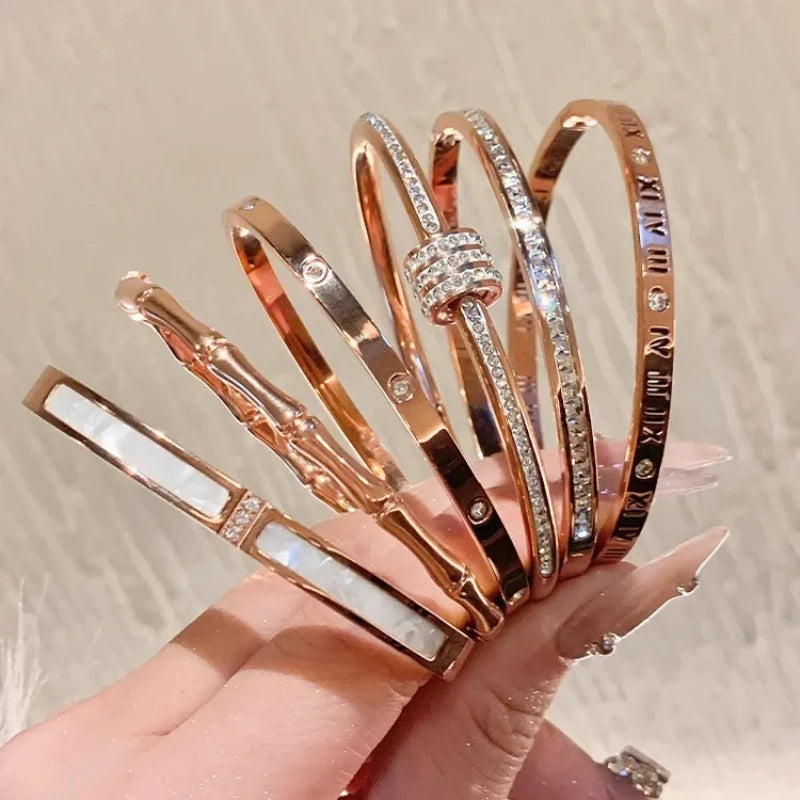 Titanium Steel Rose Gold Sparkling Zircon Waterproof Bangle