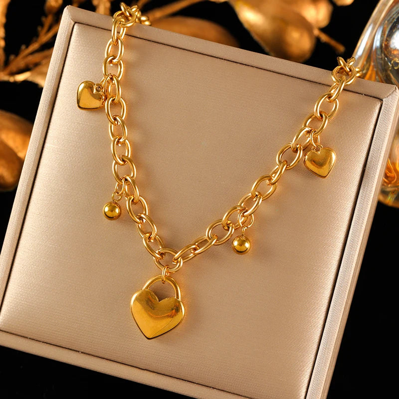 EILIECK 316L Stainless Steel Metal Heart Beads Charms Necklace Bracelet Set For Women Fashion Statement Waterproof Jewelry Gift