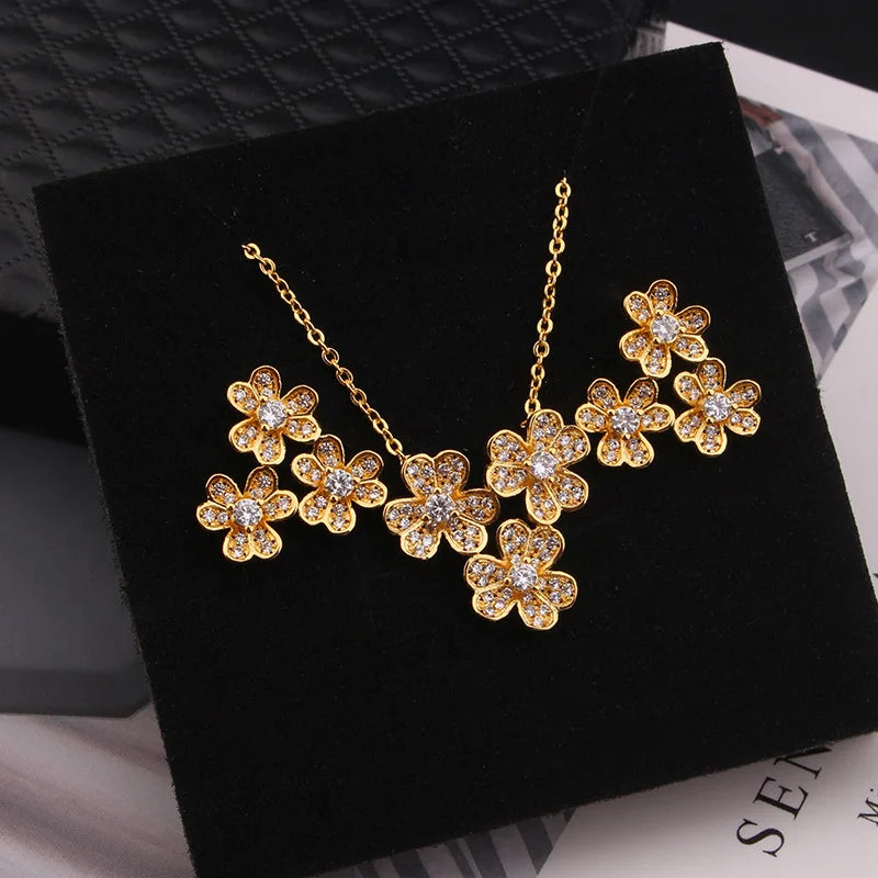 Fashion Luxury Flower Geometry Cubic Ziron Classic Charms Necklace Engagement Bridal Earring Jewelry copper Lady Gift