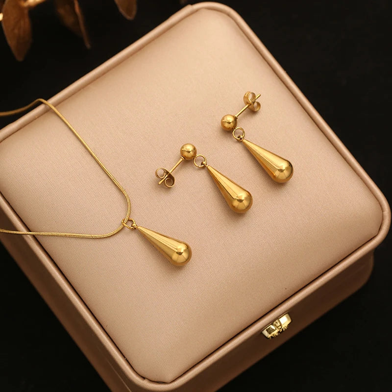 EILIECK 316L Stainless Steel Gold Color Teardrop Tassel Necklace Earrings For Women New Gift Hypoallergenic Waterproof Jewelry