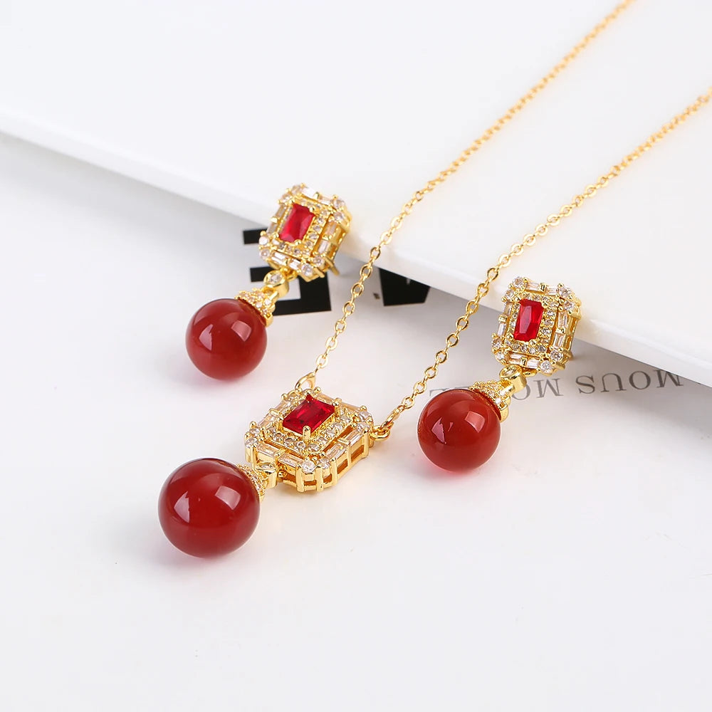 Luxury New Design Simple Irregular Pearl Classic Retro Pendant Necklace Earring Jewelry Set 18K Gold Plated Square Crystal Women