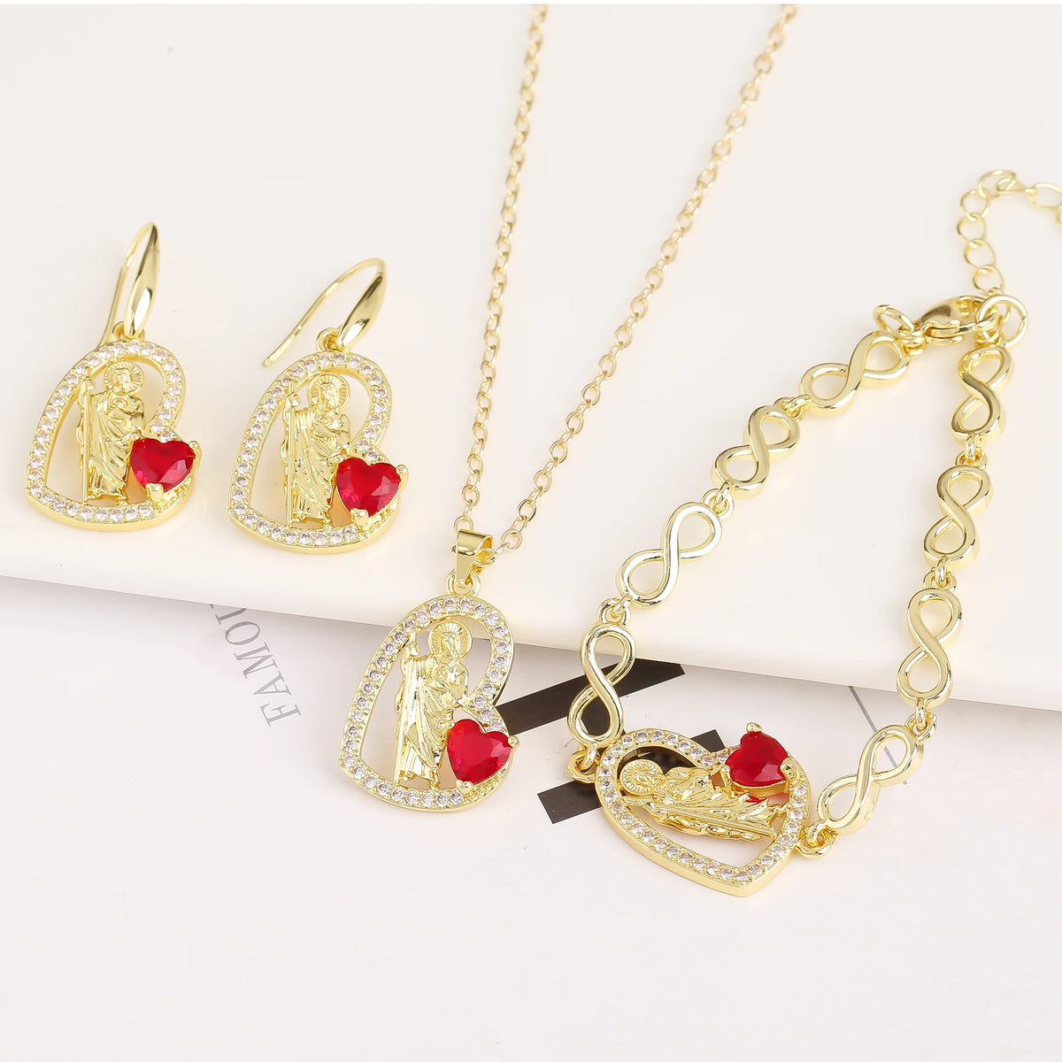 Heart Shaped Religious Madonna Zircon Crystal Jewelry Set Bracelet Necklace Earrings Copper Women's Retro Jewelry New Design