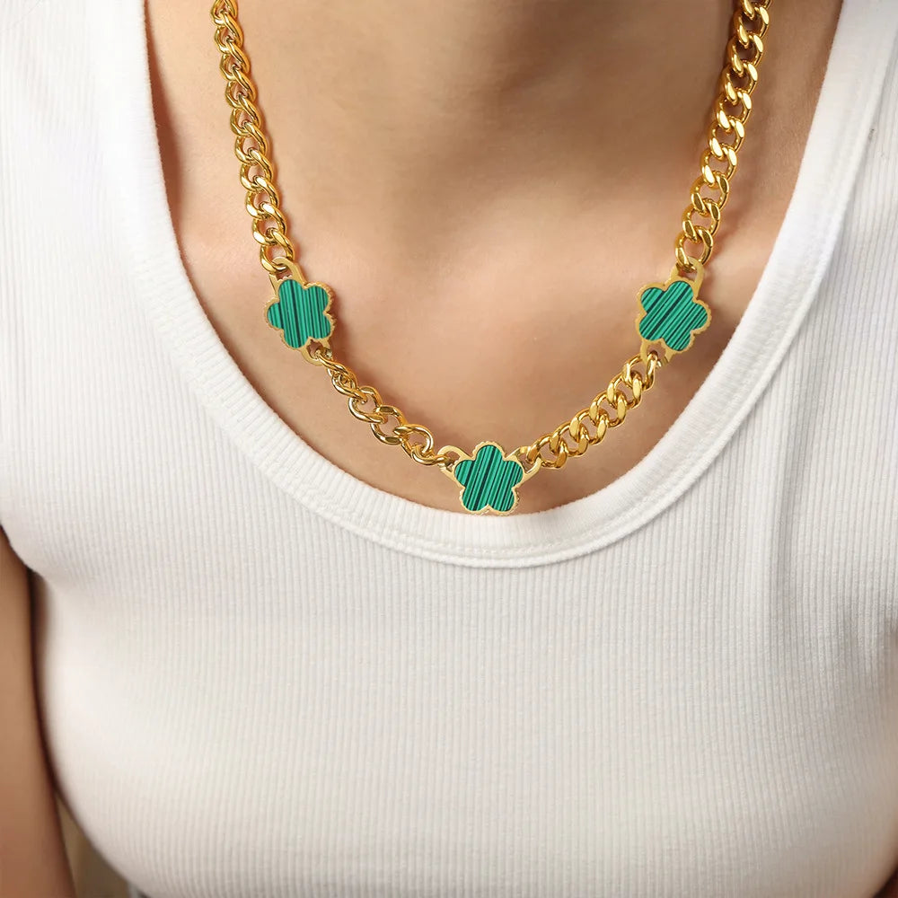 Stainless Steel New Hip Hop Plant Five Leaf Flower Set Shell Bracelet Necklace Women's Minimalist Cuban Chain Clover