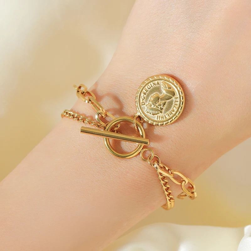 EILIECK 316L Stainless Steel Gold Color Portrait Coin Necklace Bracelets Set For Women New Trendy OT Buckle Waterproof Jewelry
