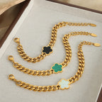 Stainless Steel New Hip Hop Plant Five Leaf Flower Set Shell Bracelet Necklace Women's Minimalist Cuban Chain Clover
