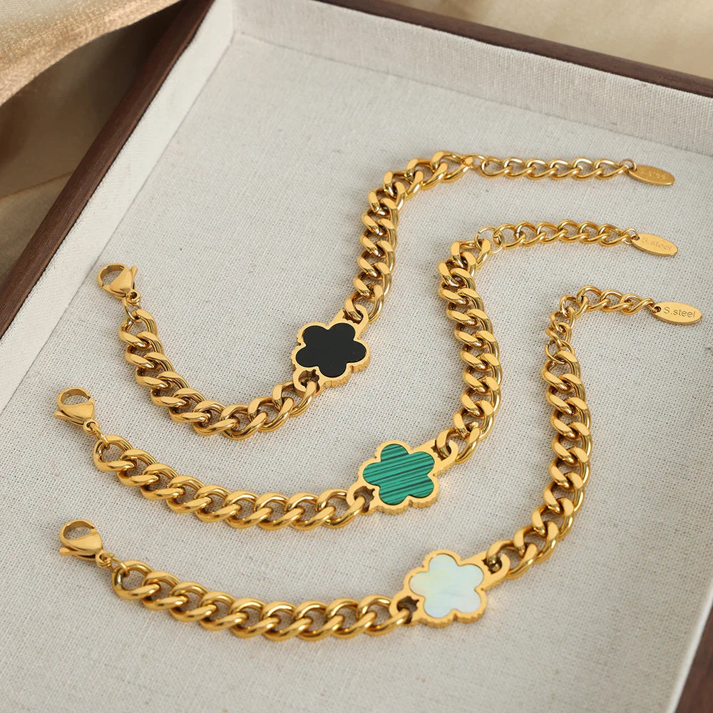 Stainless Steel New Hip Hop Plant Five Leaf Flower Set Shell Bracelet Necklace Women's Minimalist Cuban Chain Clover
