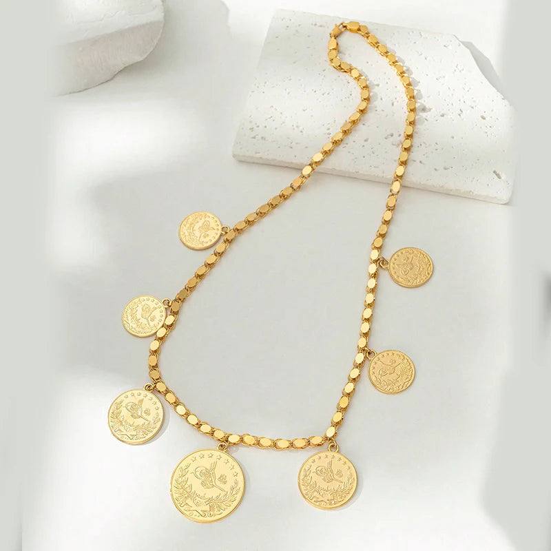 New Turkish Coin Necklace Gold Plated Handmade Chain Ethnic Arabic Wedding Jewelry for Bride Collares Para Mujer Women Gift