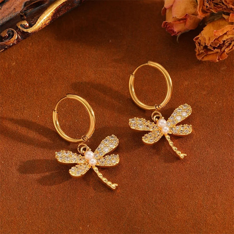 EILIECK 316L Stainless Steel Dragonfly Rhinestone Pearl Necklace Earrings Set For Women Trendy Gift Luxury Waterproof Jewelry