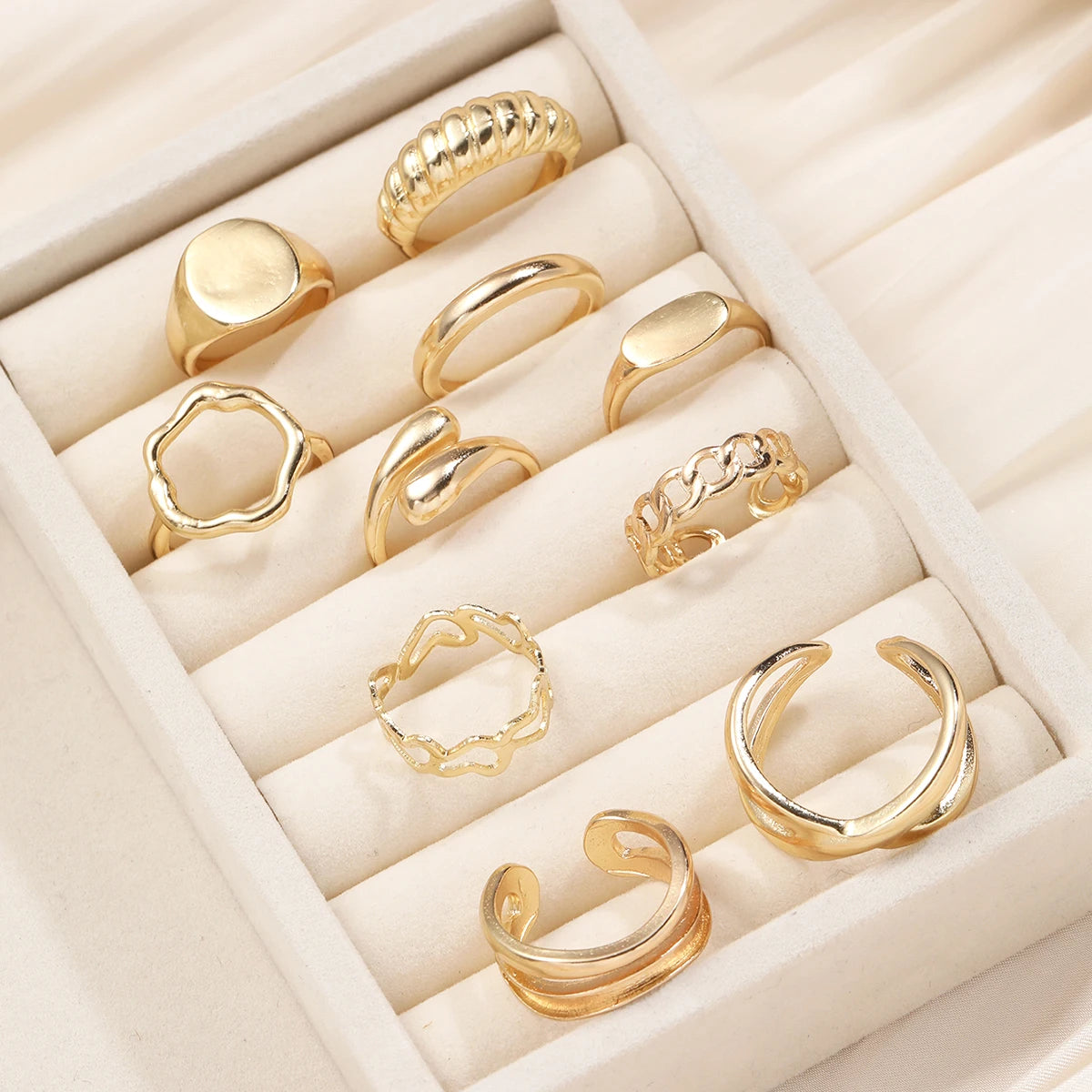 Vintage Bohemian Irregular Geometric & Chain Pattern Gold Color Ring Set, 10 Pcs/Set