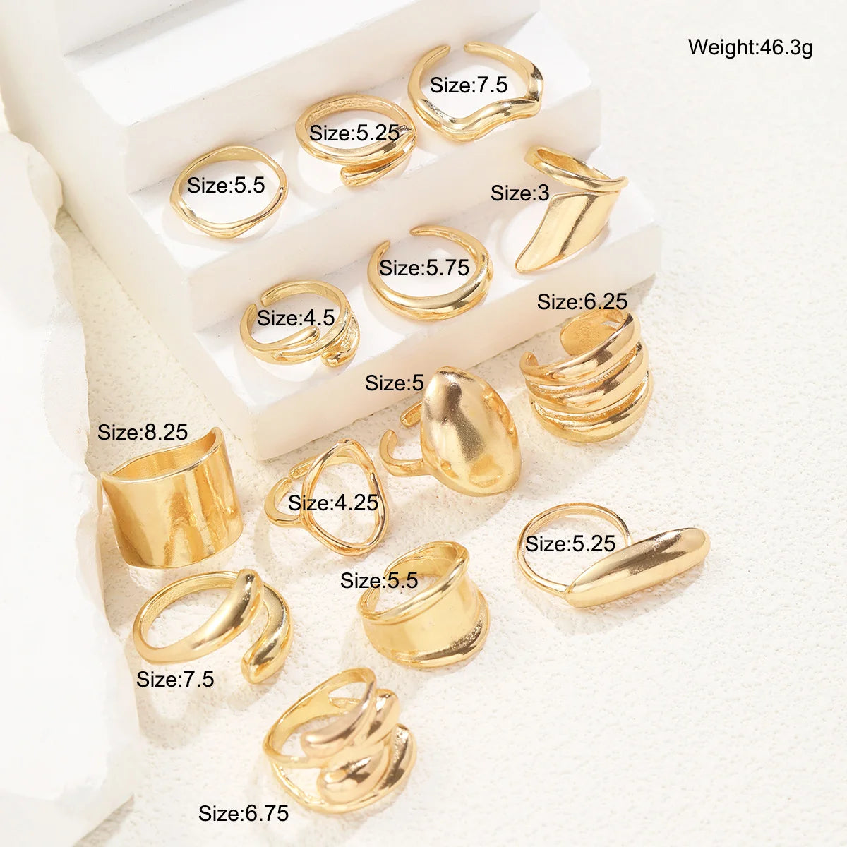 Vintage Exaggerated Smooth Asymmetrical Geometric Rings Set, 14 Pcs/Set