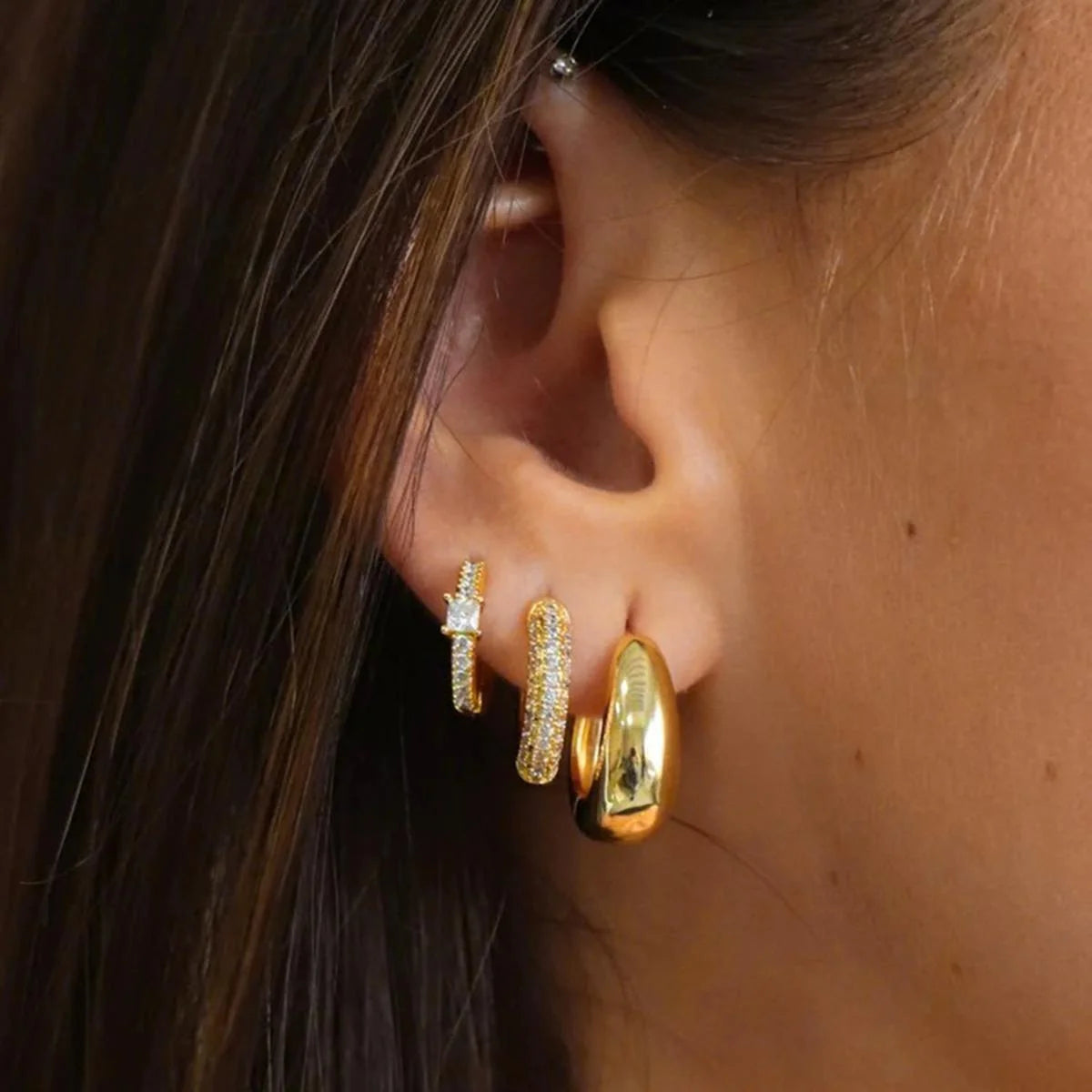 Dainty Gold-Plated Flower Dangle Hoop & Stud Stackable Earrings Set, 3 Pcs/Set