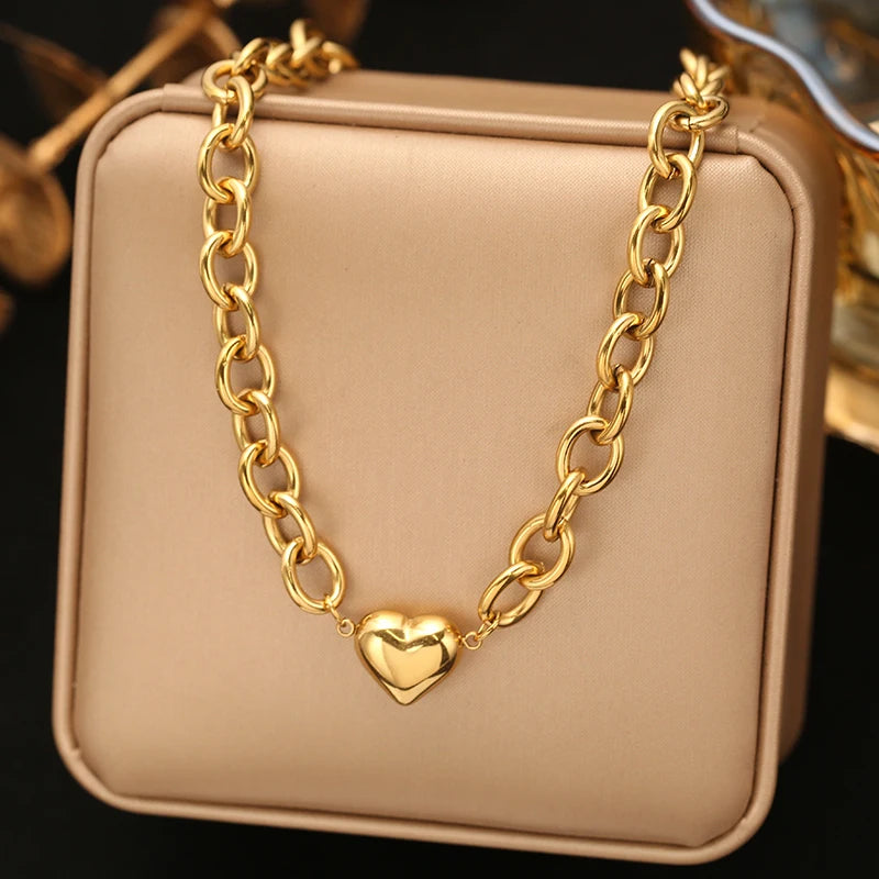 EILIECK 316L Stainless Steel Metal Gold Color Heart Chain Collar Necklace For Women Trendy Waterproof Neck Chain Jewelry Gift