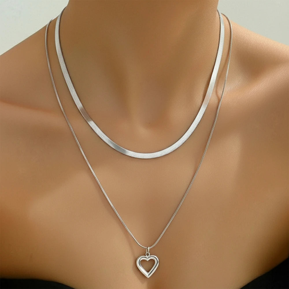 Stainless Steel Gold Layered Herringbone&Heart Pendant Necklace,Minimalist Dainty Style for Women, Daily Wear & Holiday Jewelry