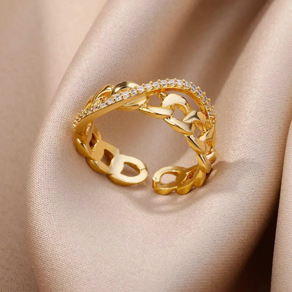Gold-Plated Stainless Steel Crystal & Geometric Chain Ring