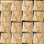 DIEYURO 316L Stainless Steel Golden Heart Sun Multiple Pendants Necklace Women New Fashion Marine Style Neck Chain Jewelry Gift