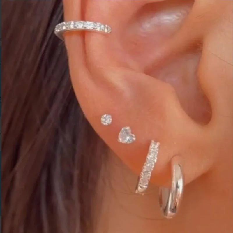 Minimalist Silver Color Heart Zircon Crystal Hoop Earring Set, 5 Pcs/Set