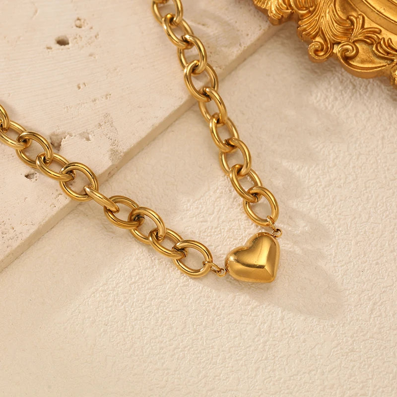 EILIECK 316L Stainless Steel Metal Gold Color Heart Chain Collar Necklace For Women Trendy Waterproof Neck Chain Jewelry Gift