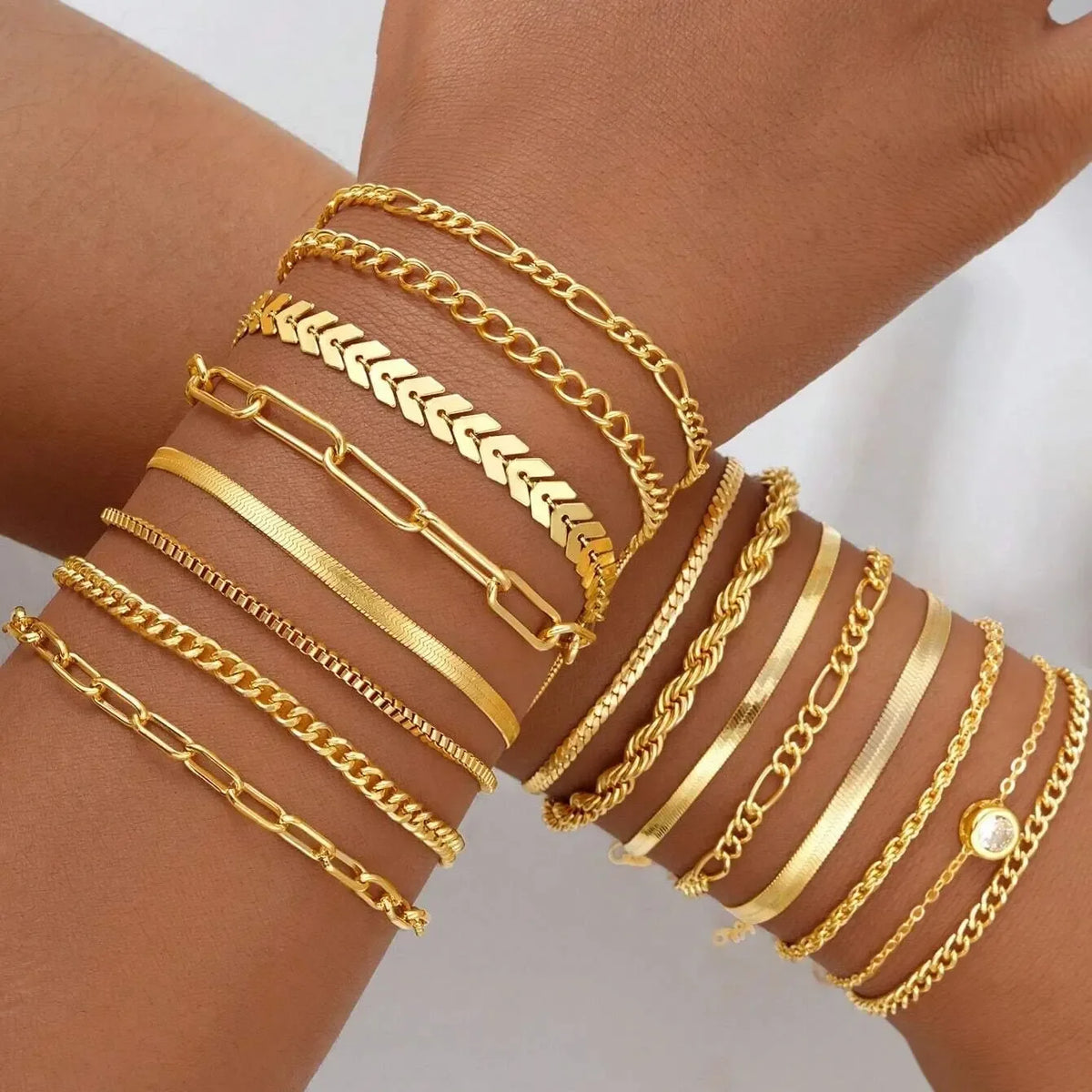 Trendy Minimalist Gold Color Snake Bone Chain Bracelet Set, 20 Pcs/Set