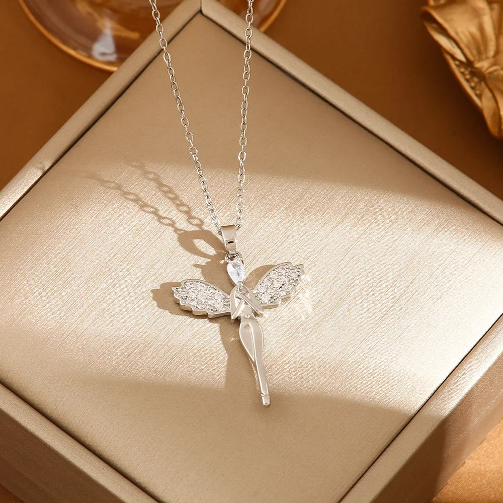 Trendy Gold-Color Stainless Steel Dragonfly Wings Crystal Necklace