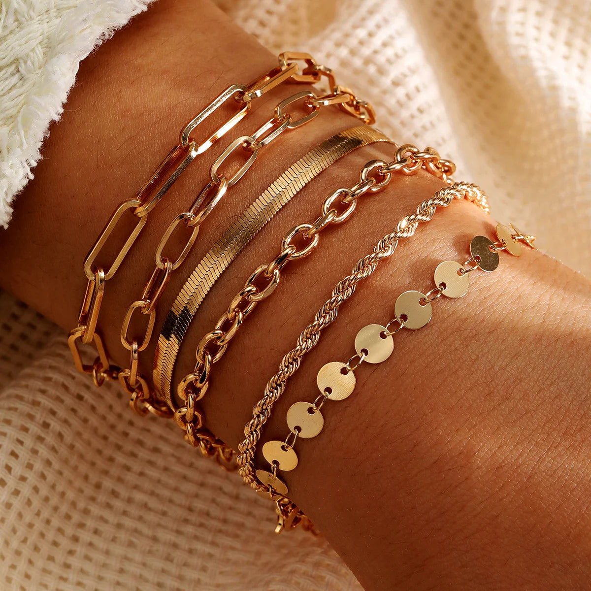 Vintage Chic Gold Color Cuban Chain Bracelet Set, 6 Pcs/Set