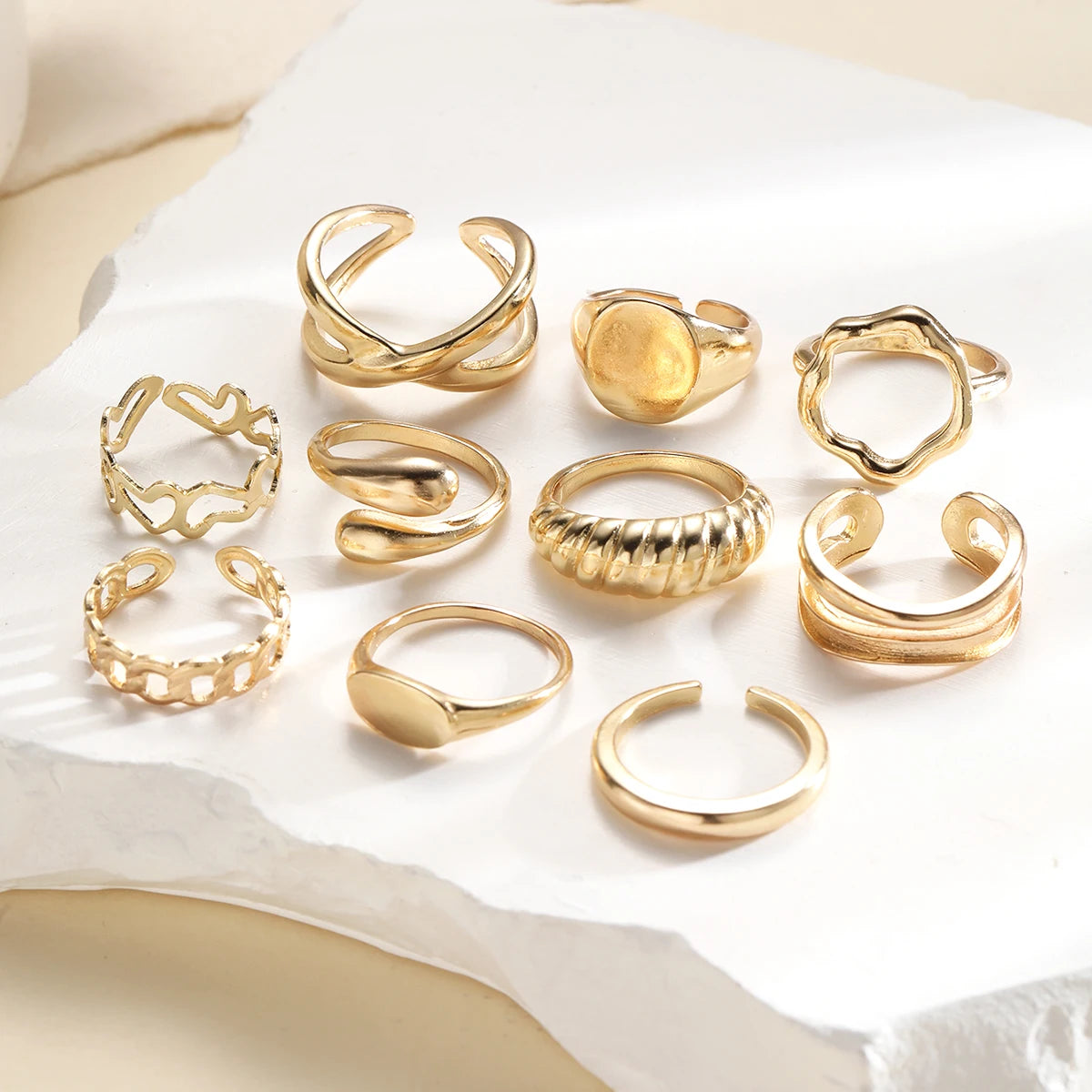 Vintage Bohemian Irregular Geometric & Chain Pattern Gold Color Ring Set, 10 Pcs/Set