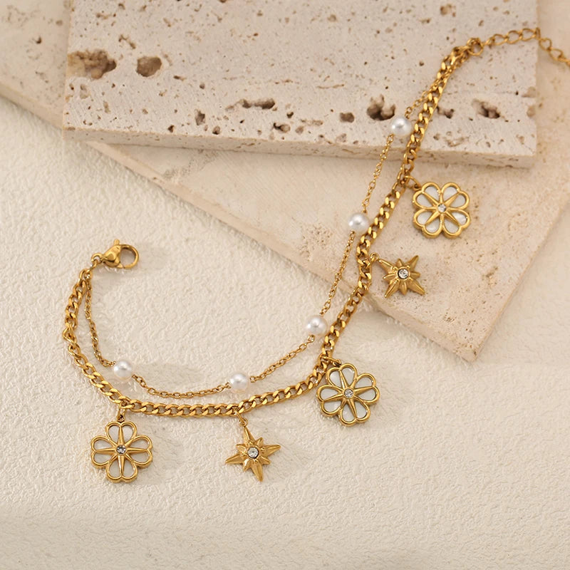 EILIECK 316L Stainless Steel Flowers Stars Charms Bracelets for Women Trendy Layered Pearl Chain Bangles Gold Color Jewelry Gift