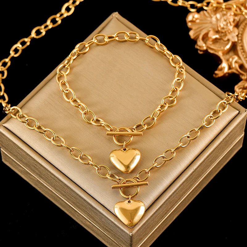 EILIECK 316L Stainless Steel Gold Color Smooth Heart Charm Necklace Bracelets Set For Women Trendy Waterproof Jewelry Lady Gift